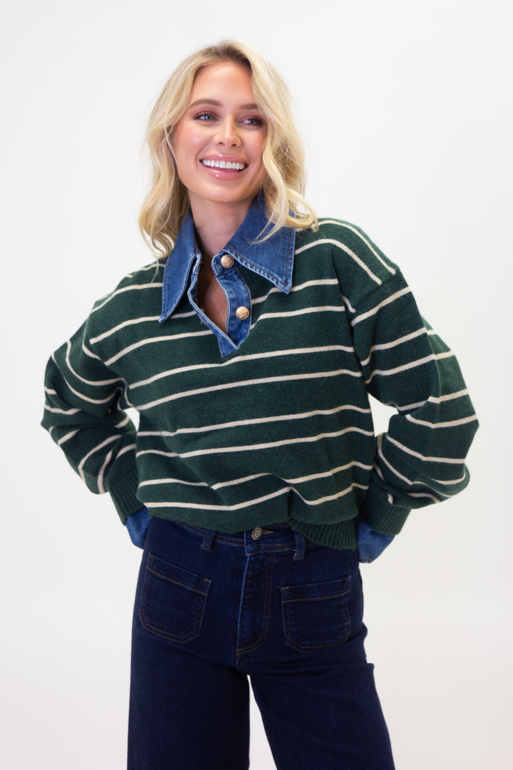 Karlie Green Varsity Stripe Denim Collar Sweater