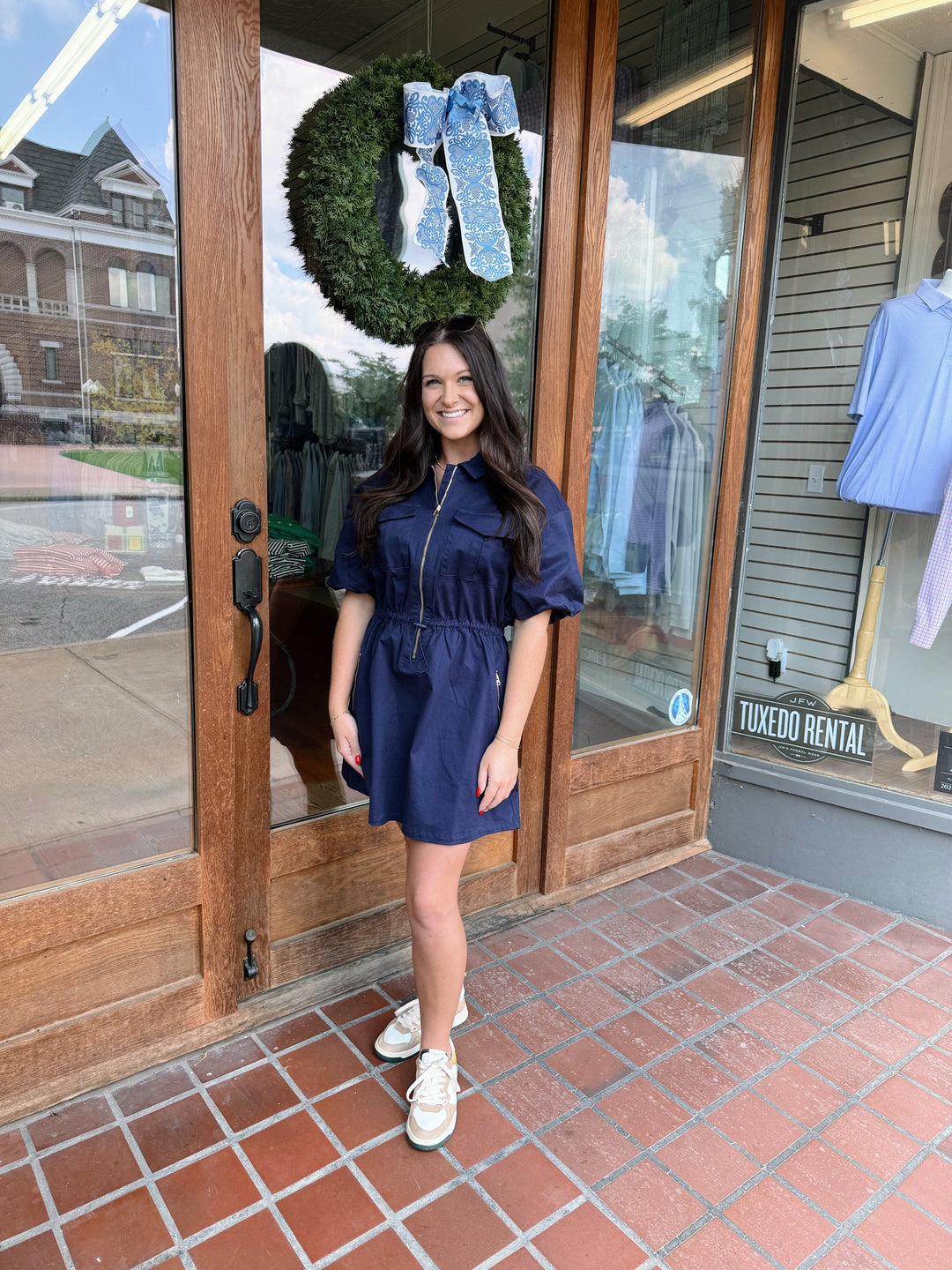 THML Navy Puff Sleeve Half Zip Dress Bo & Company THML Navy Puff Sleeve Half Zip Dress Bo & Company