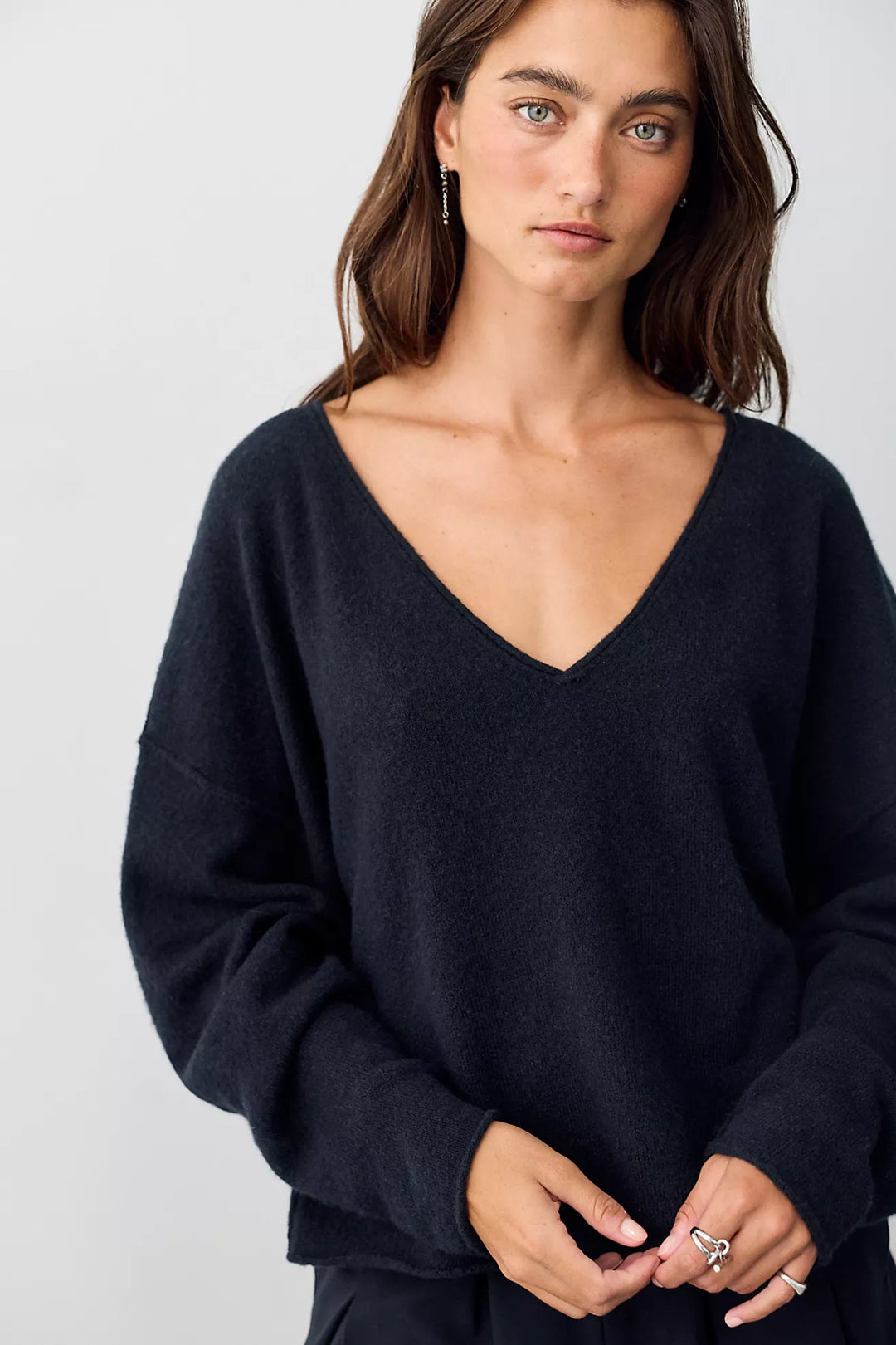 Free People See Me V-Neck Knit Pullover - Black