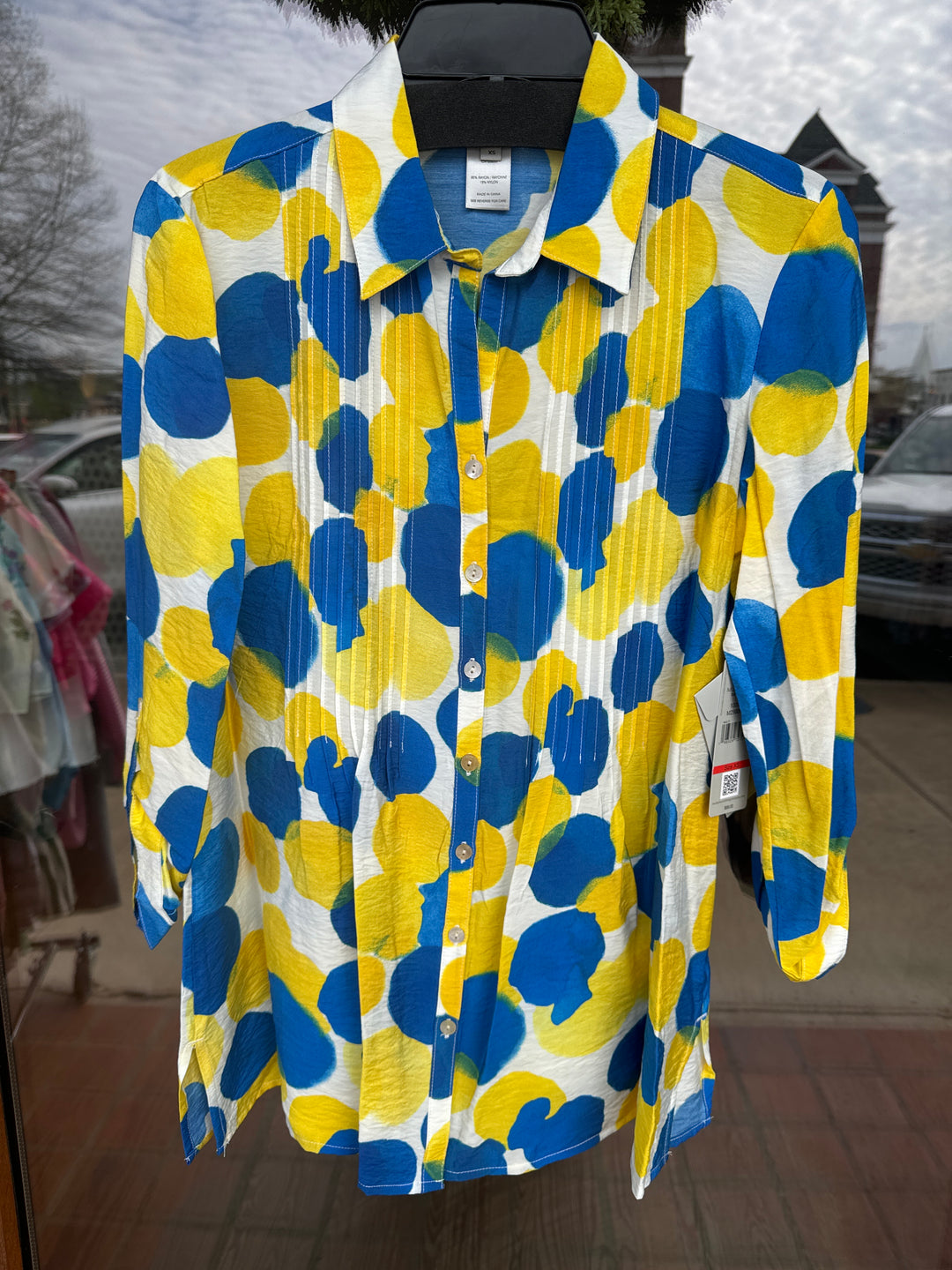 Multiples 3/4 Sleeve Multi-Tuck Shirt - Bright Royal/Multi