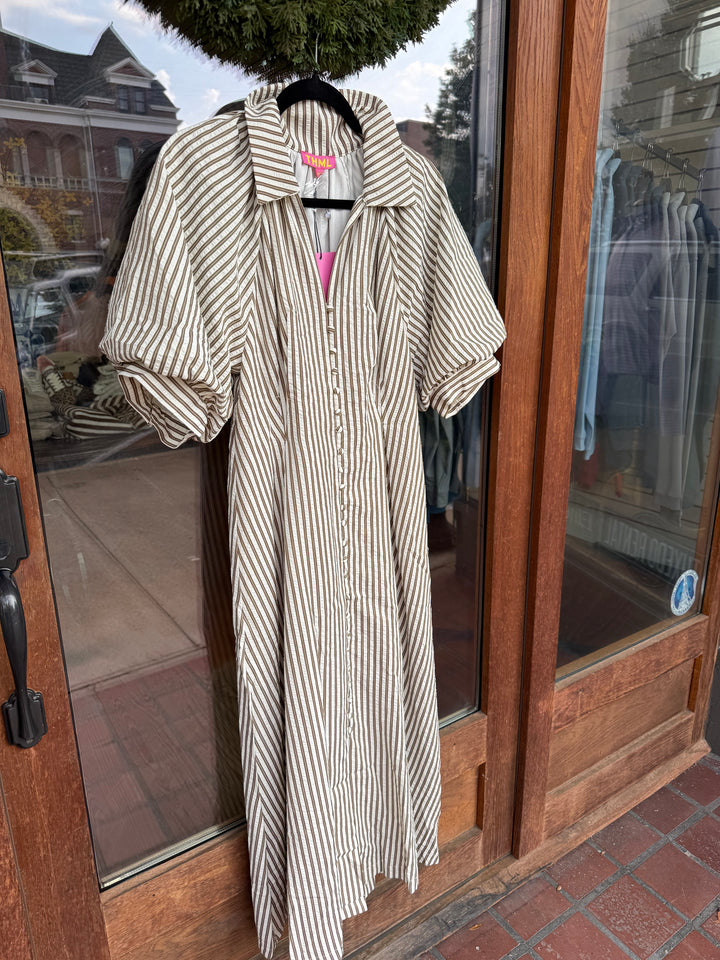 THML Puff Sleeve Striped Texture Maxi Dress- Cocoa