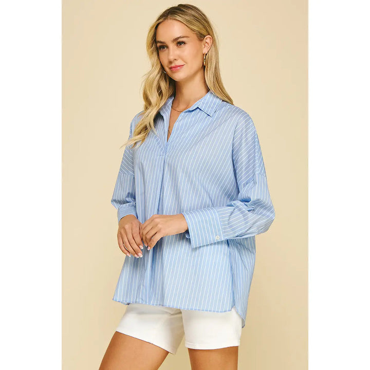 Stripe V-Neck Shirt - Blue