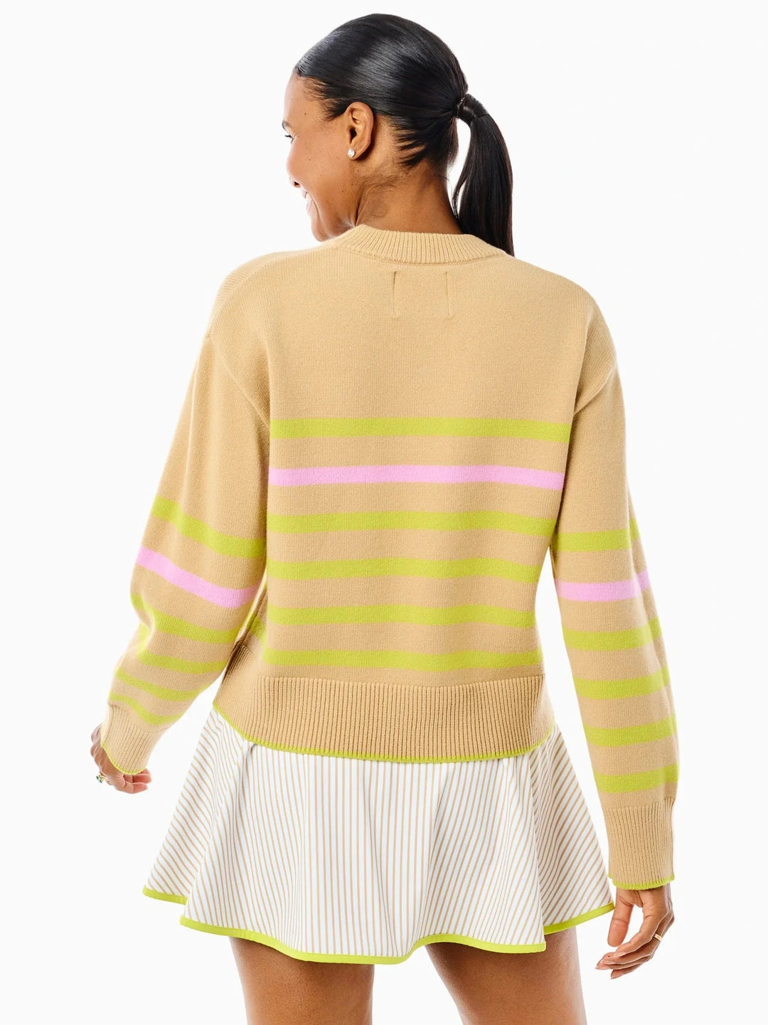 Addison Bay Knit Junior Carlyle Crewneck Sweater - Latte/Chartreuse Stripe