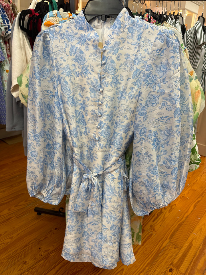 Jade Blue Floral Stand Collar A-Line Dress
