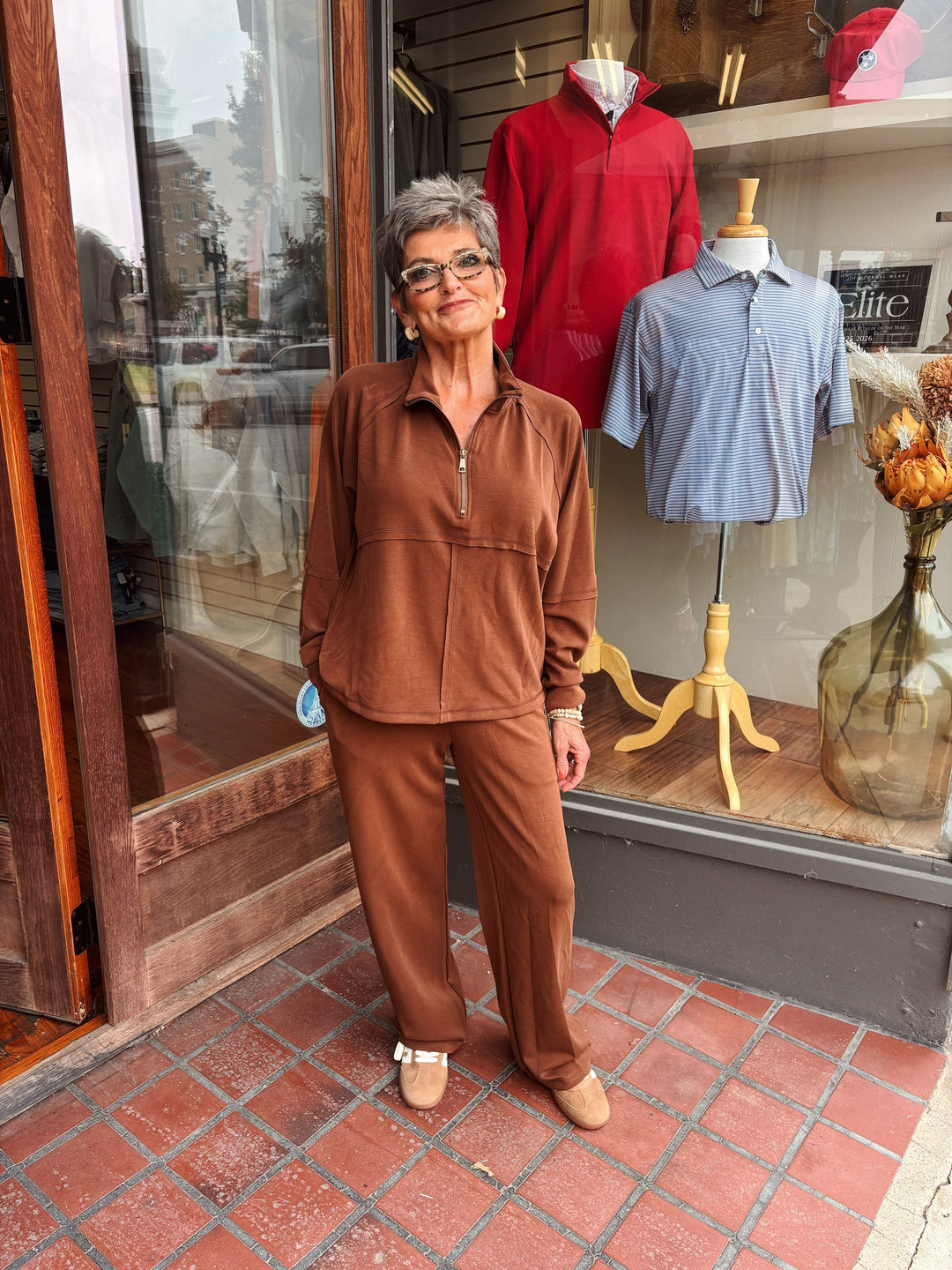 Multiples Coffee Zip Front Mock Neck Top