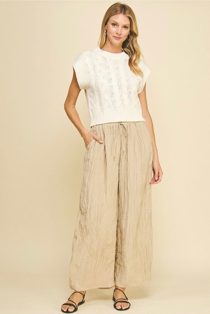 Textured Wide Leg Woven Pants - Khaki