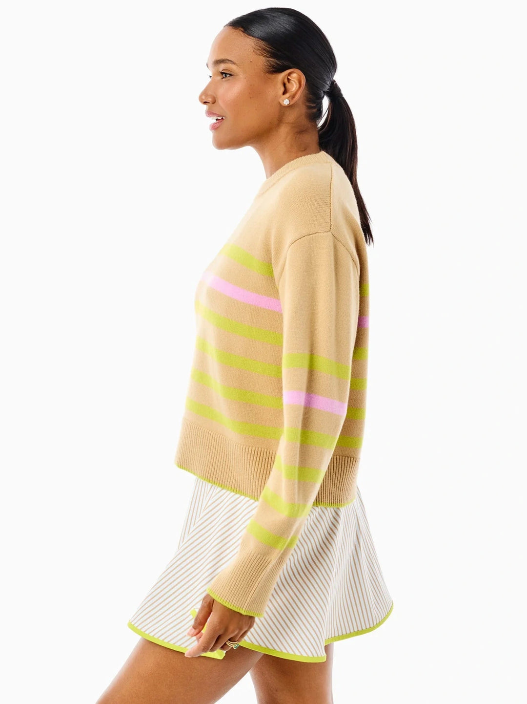 Addison Bay Knit Junior Carlyle Crewneck Sweater - Latte/Chartreuse Stripe