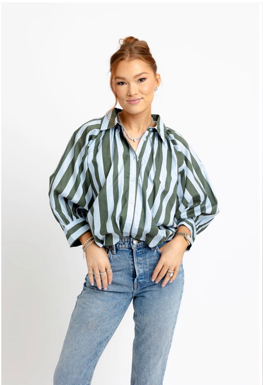 Karlie Blue Stripe Collar Bubble 3/4 SLV Top