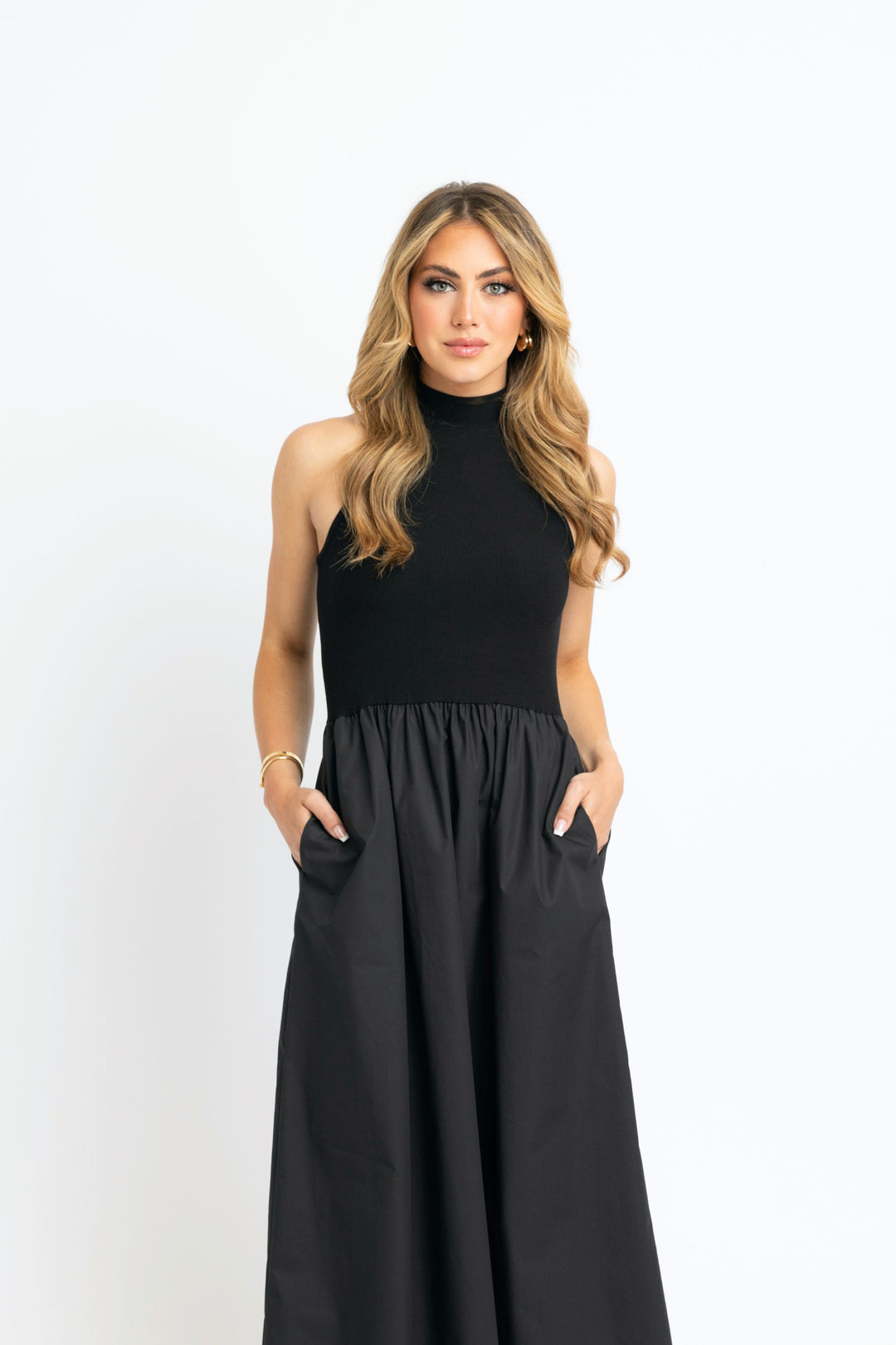 Karlie Solid Black Mock Neck Maxi Dress
