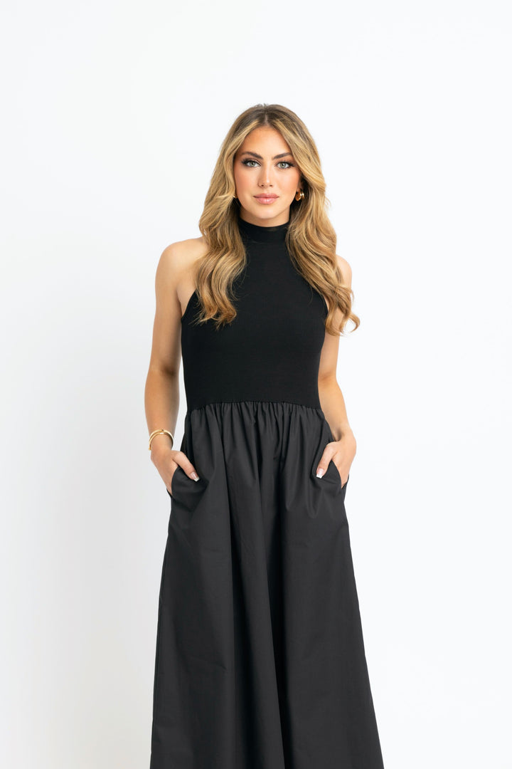 Karlie Solid Black Mock Neck Maxi Dress