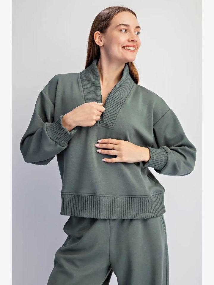 Modal Quarter-Zip Jacket & Wide Leg Pants Set- 3 Colors