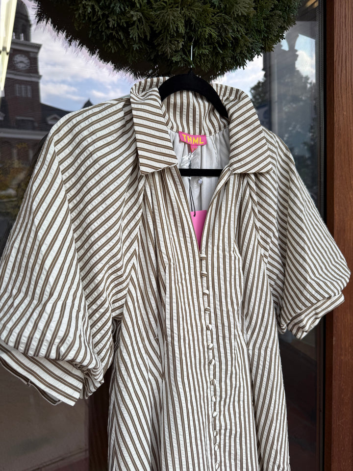 THML Puff Sleeve Striped Texture Maxi Dress- Cocoa