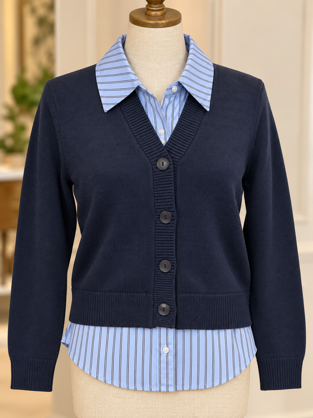 Multiples Button Front 2-Fer Look Cardigan Top - Midnight