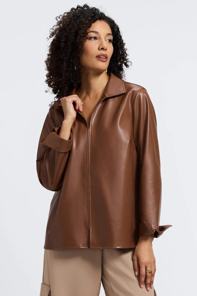 Agnes Vegan Leather Long Sleeve Popover Shirt - Macchiato