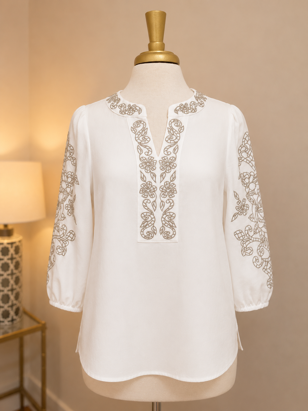 3/4 Puff Sleeve Top with Embroidery