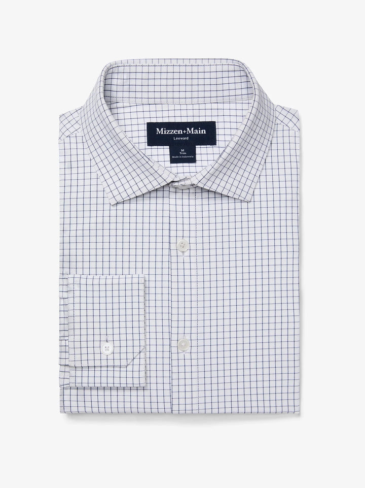 White and Navy Mini Grid Leeward Long Sleeve Dress Shirt