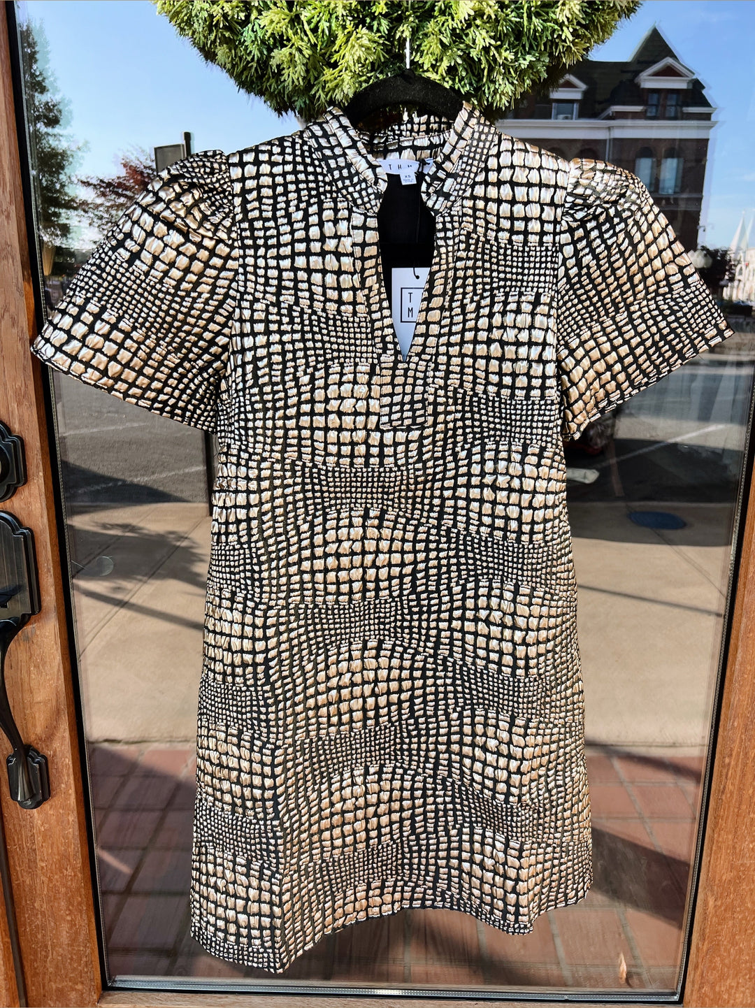 THML Flutter Sleeve Textured Dress- Gold Geo Bo & Company THML Flutter Sleeve Textured Dress- Gold Geo Bo & Company
