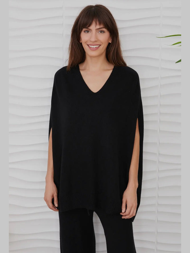 Italian Knit Over-sized V-Neck Poncho Sweater Vest- Black