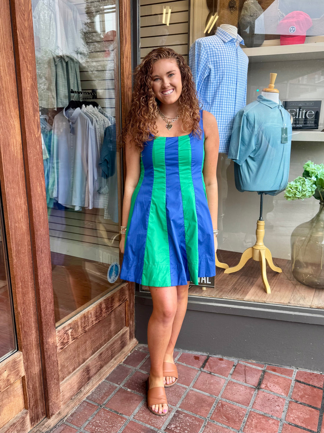 Blue & Green Color Block Flared Mini Dress