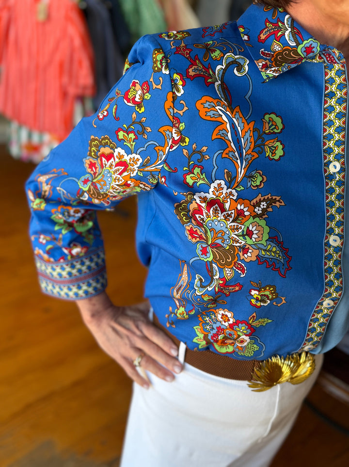 Margaret Jacobean floral 3/4 Sleeve Shirt - Placed Jacobean Floral