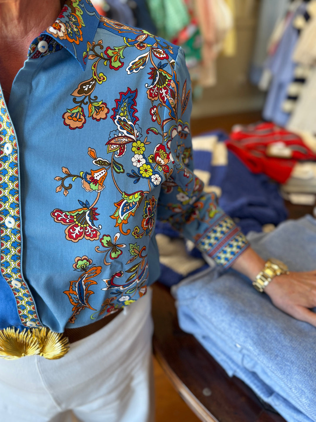 Margaret Jacobean floral 3/4 Sleeve Shirt - Placed Jacobean Floral