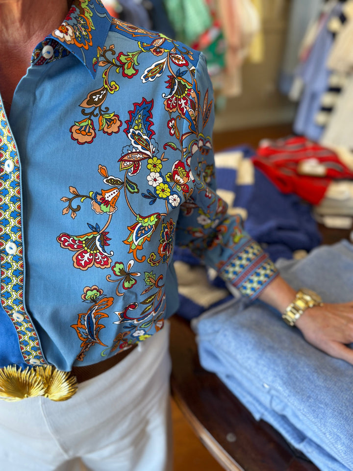 Margaret Jacobean floral 3/4 Sleeve Shirt - Placed Jacobean Floral