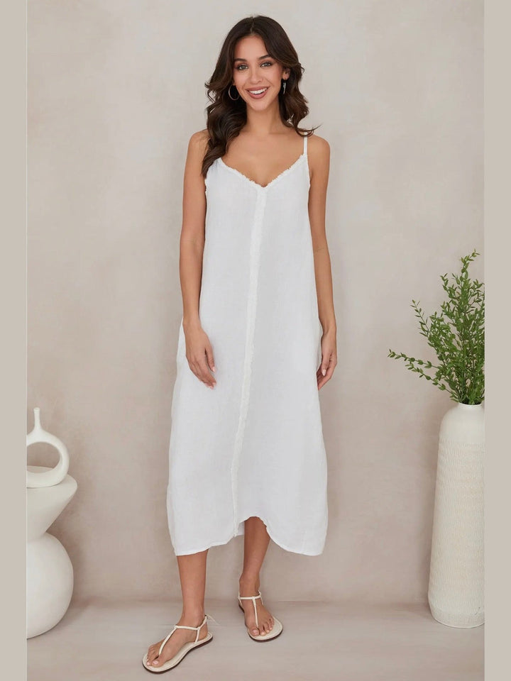 Raw Edge Seam Maxi Dress w/ Pockets - White