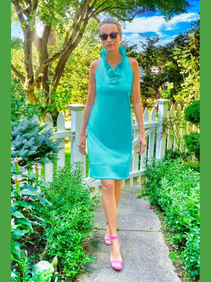 Gretchen Scott Jersey Ruffneck Sleeveless Dress - Turquoise
