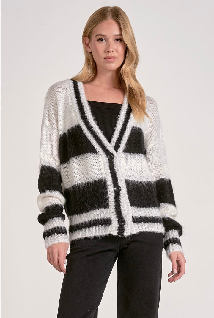 Elan Black & White Stripe Fuzzy Cardigan