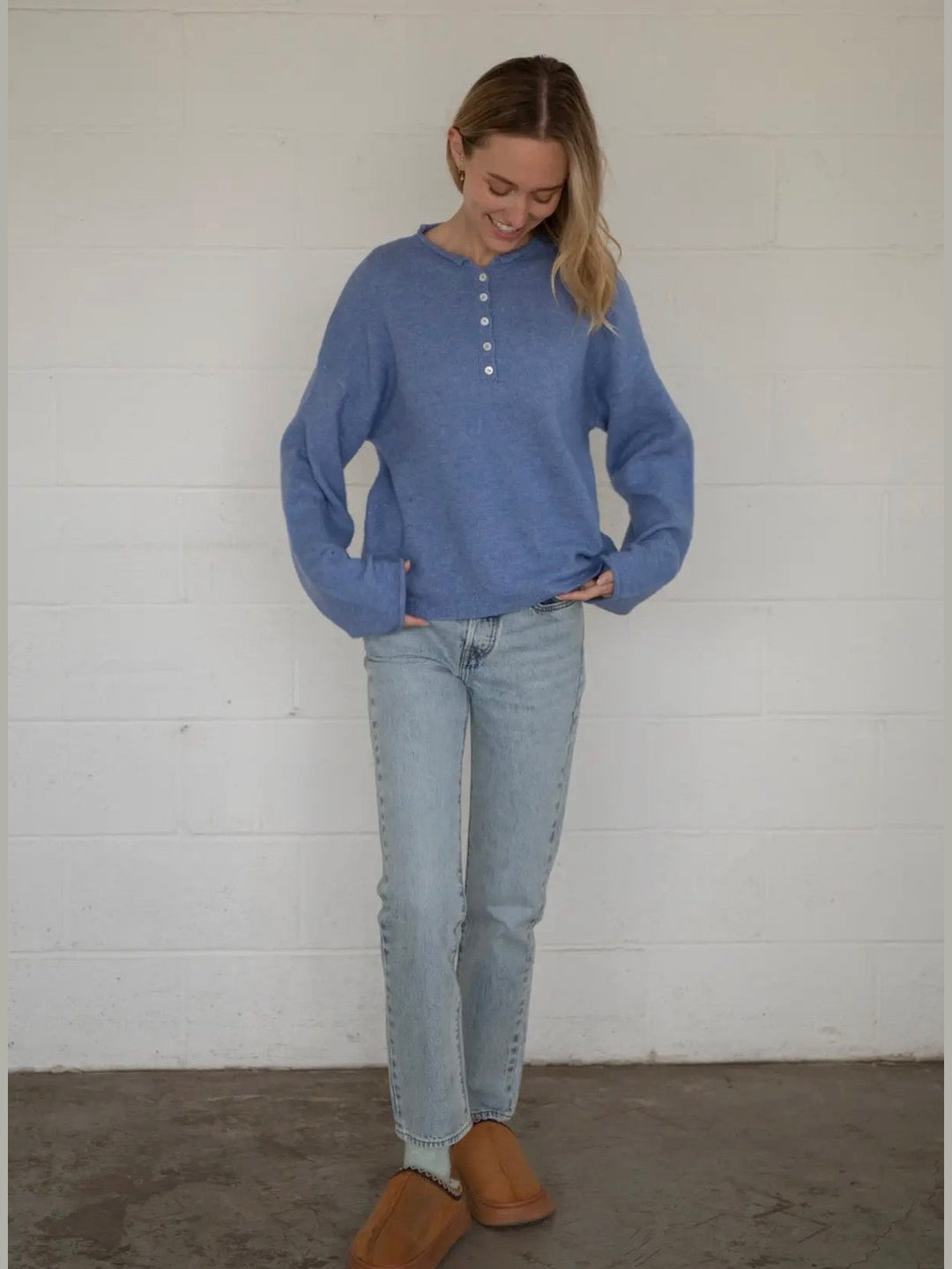 Piper Henley Knit Pullover- Dusty Blue