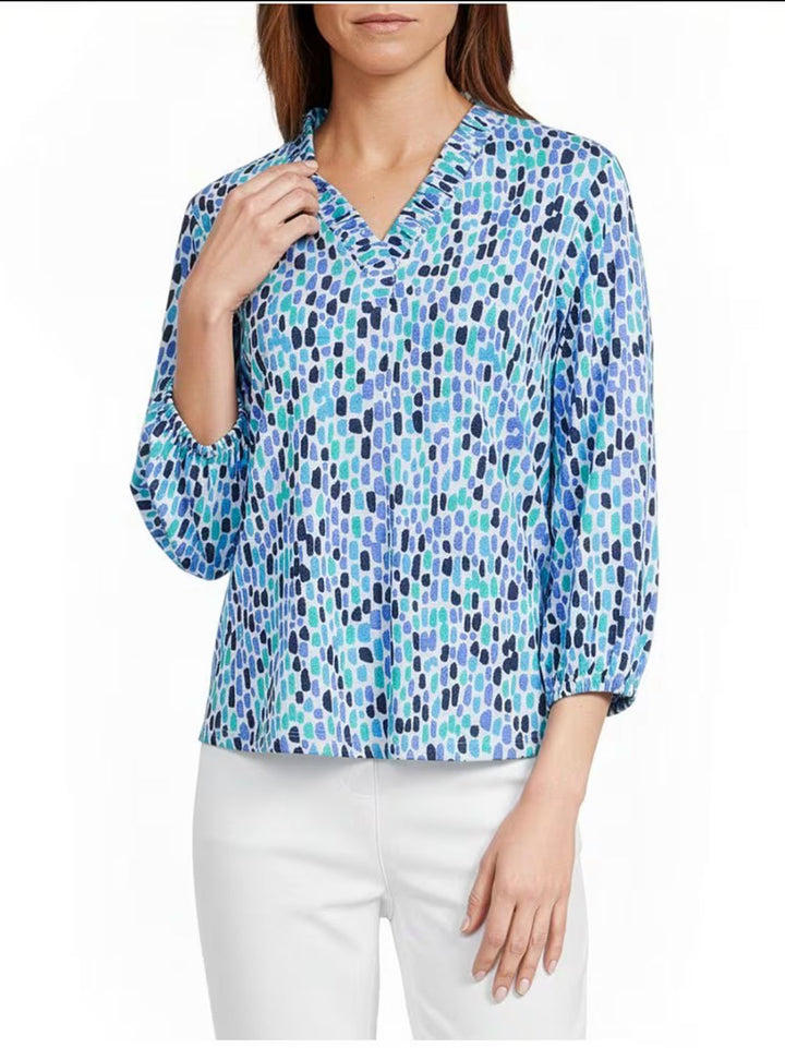 Multiples 3/4 Sleve Ruffle V-Neck Top - Spring Tide