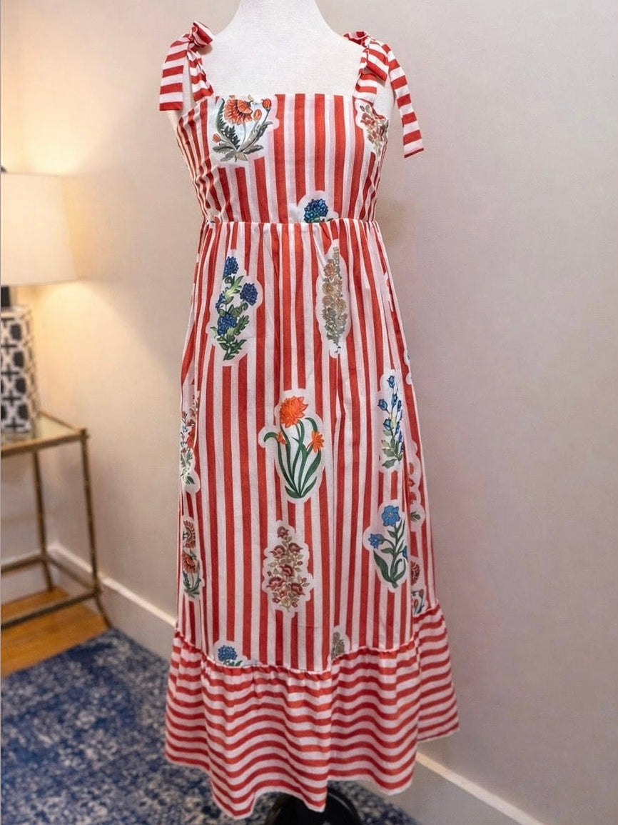 Red Stripe Shoulder Tie Midi Dress Bo & Company Red Stripe Shoulder Tie Midi Dress Bo & Company