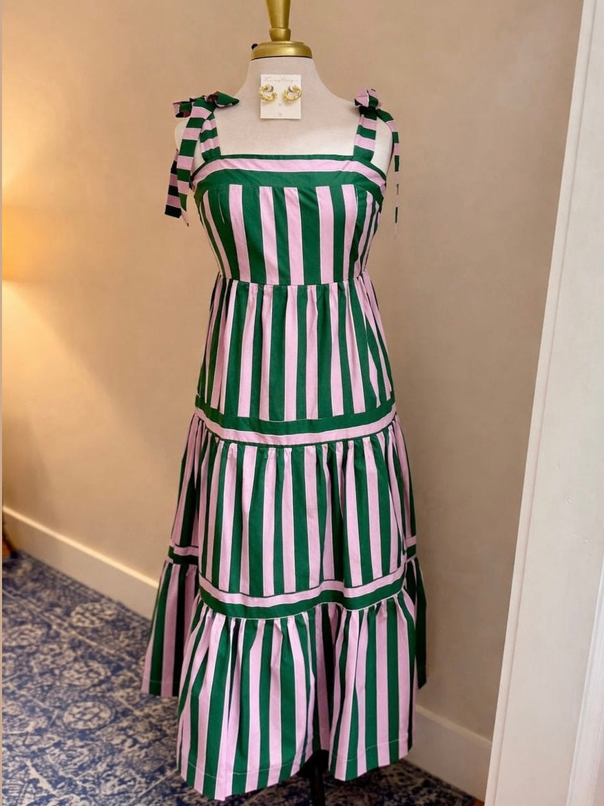 Green + Pink Striped Tiered Maxi Dress