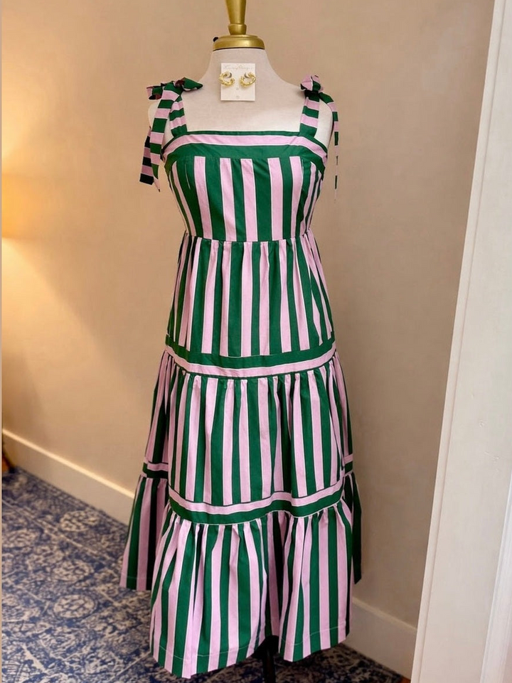 Green + Pink Striped Tiered Maxi Dress