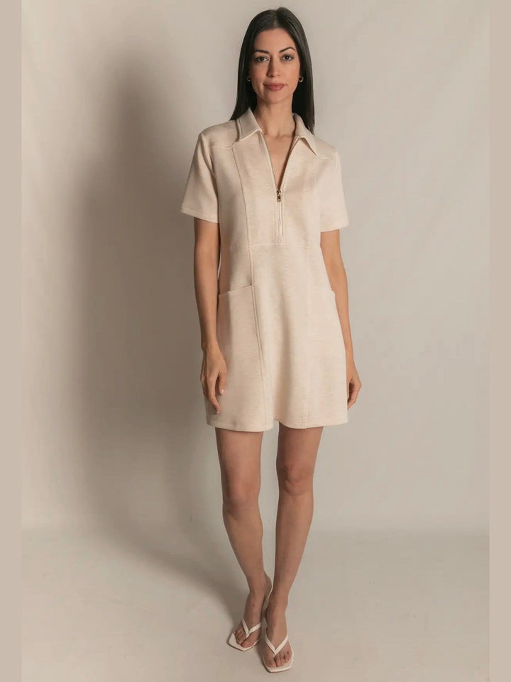 Butter Modal Quarter Zip Short Sleeve Dress - Oatmeal