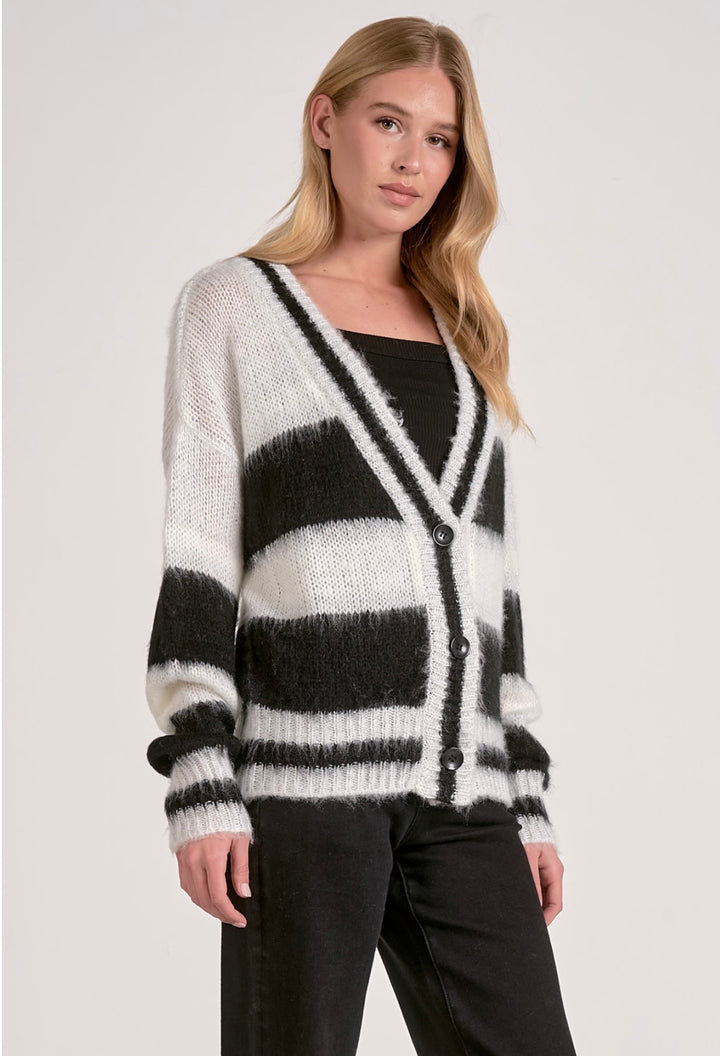Elan Black & White Stripe Fuzzy Cardigan