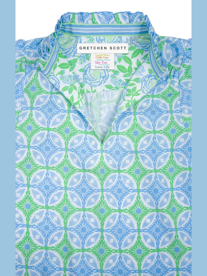 Gretchen Scott Ruffleneck Tunic - Smell The Roses - Green/Peri