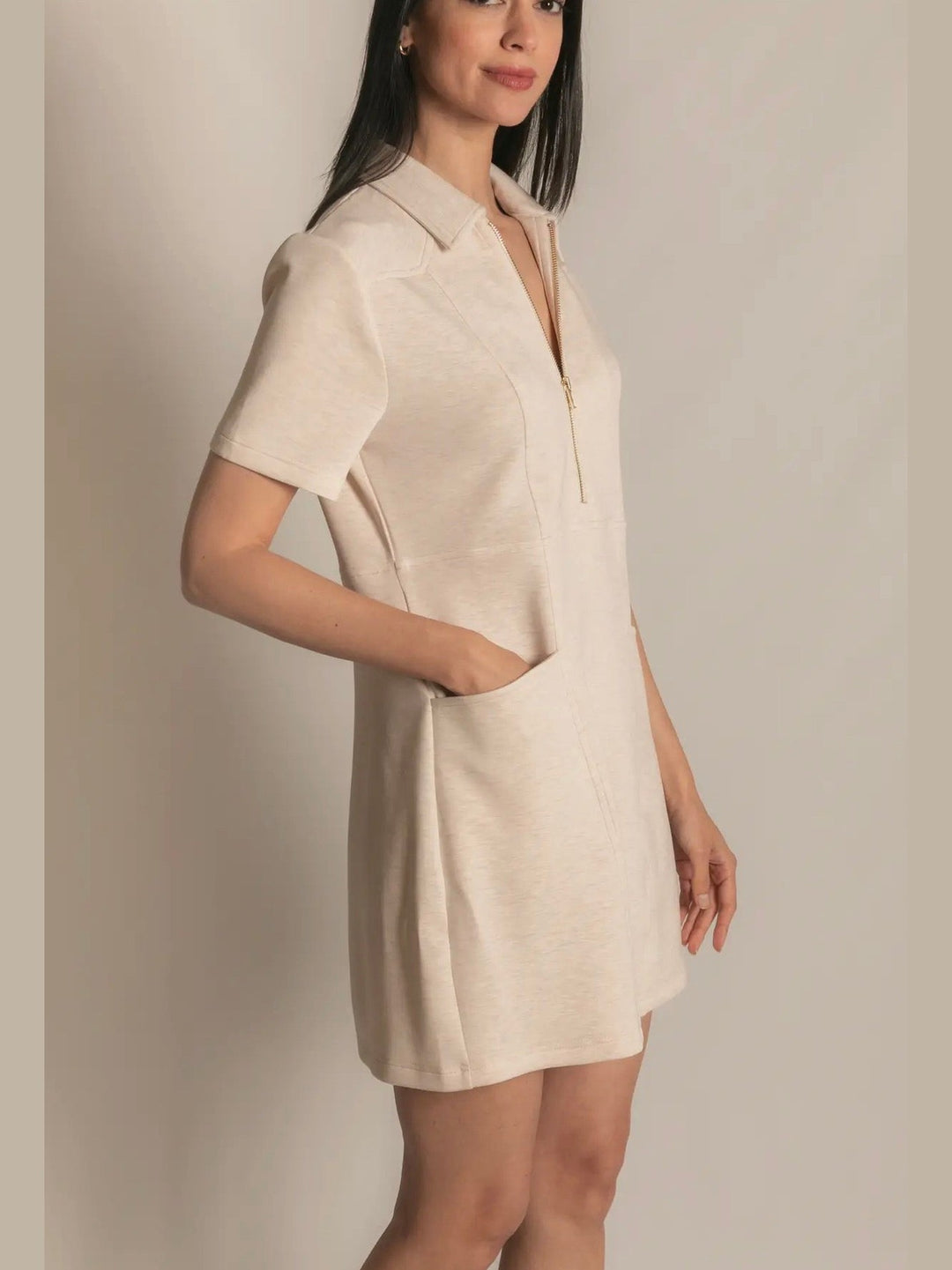 Butter Modal Quarter Zip Short Sleeve Dress - Oatmeal
