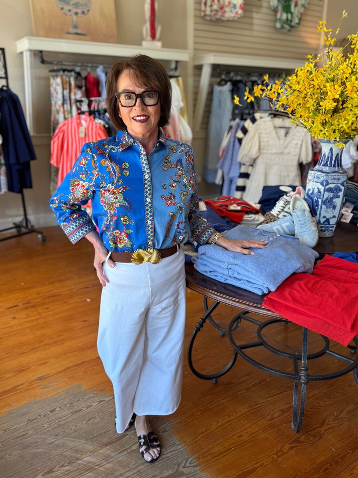 Margaret Jacobean floral 3/4 Sleeve Shirt - Placed Jacobean Floral