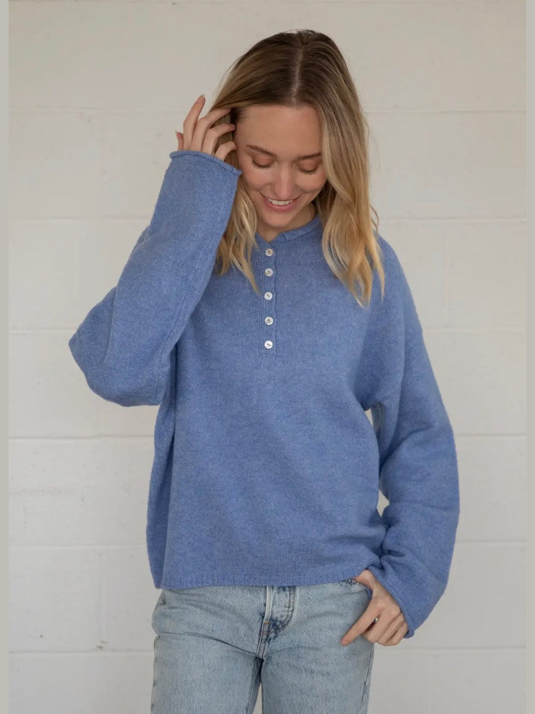 Piper Henley Knit Pullover- Dusty Blue