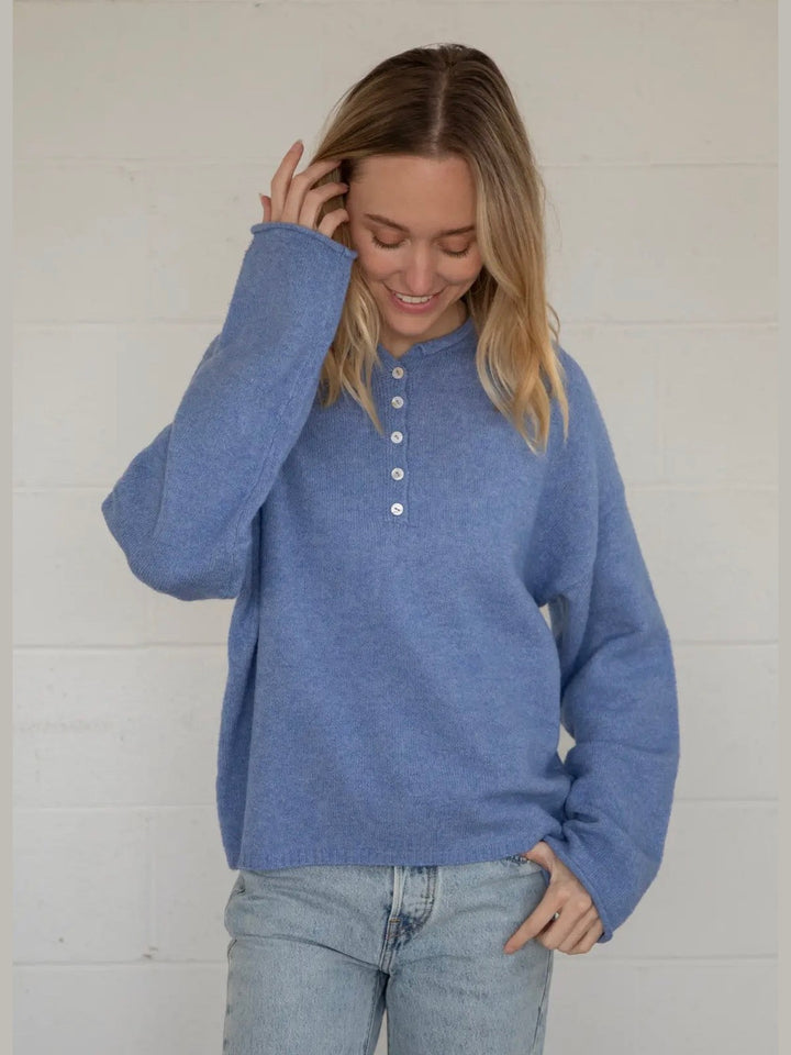 Piper Henley Knit Pullover- Dusty Blue