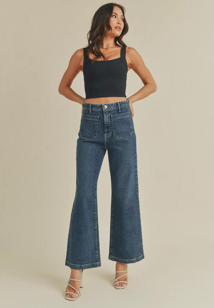 Just Black Denim Patch Pocket Wide Leg Jean- Dark Denim