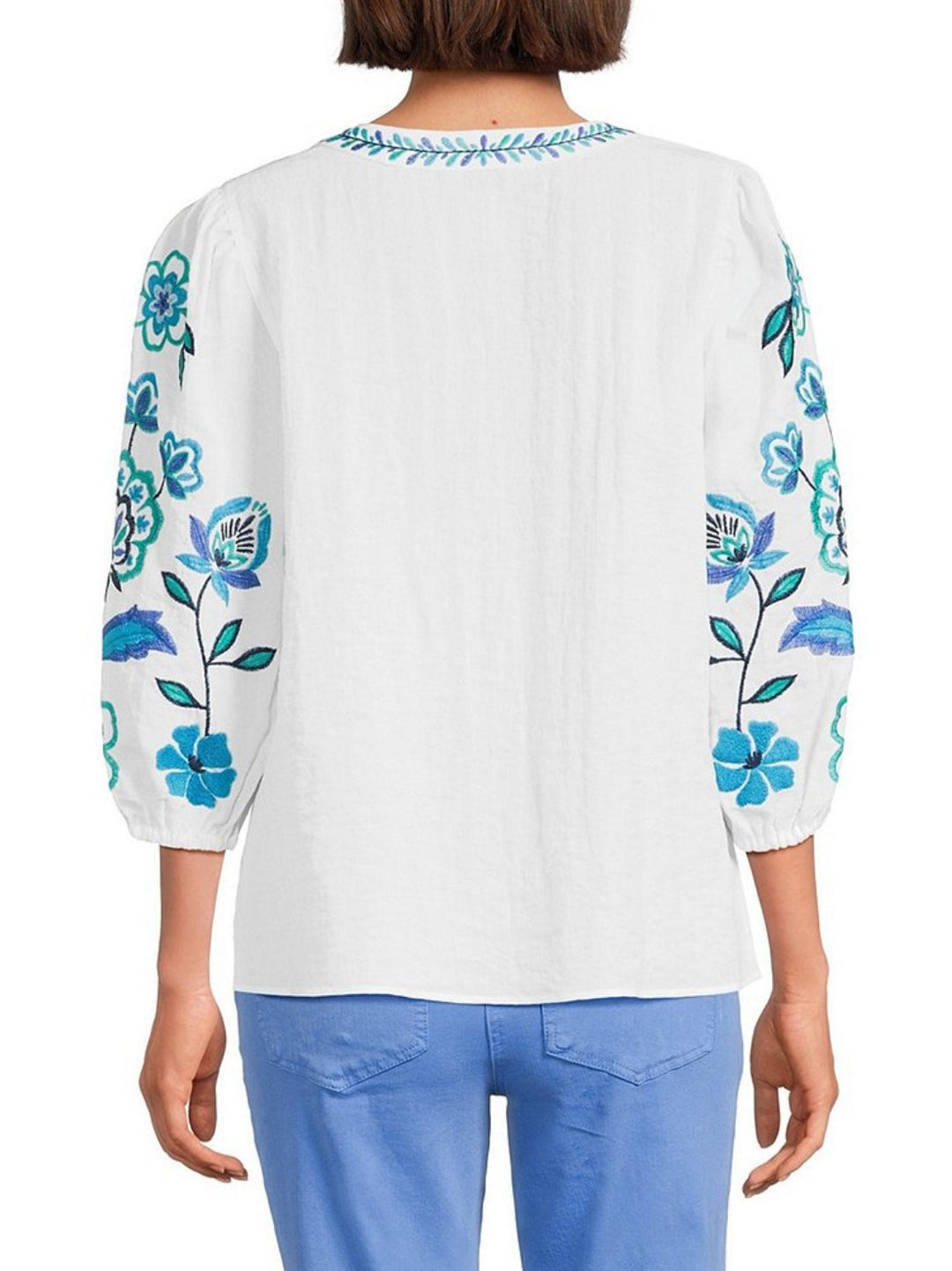 Multiples 3/4 Puff Sleeve Embroidered Top - Spring Tide