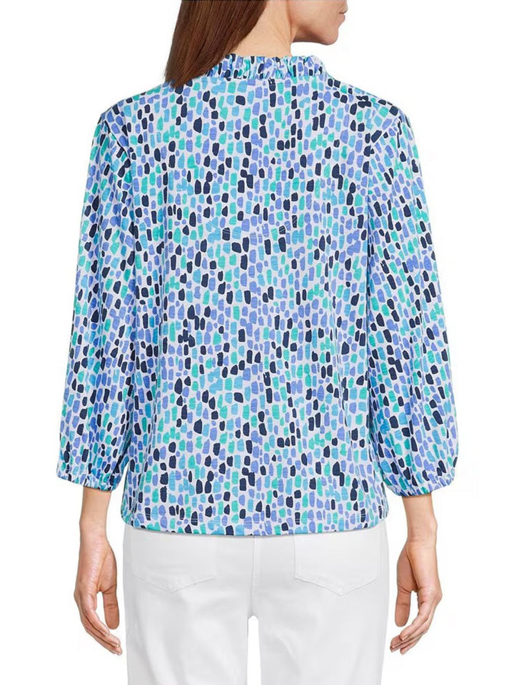 Multiples 3/4 Sleve Ruffle V-Neck Top - Spring Tide