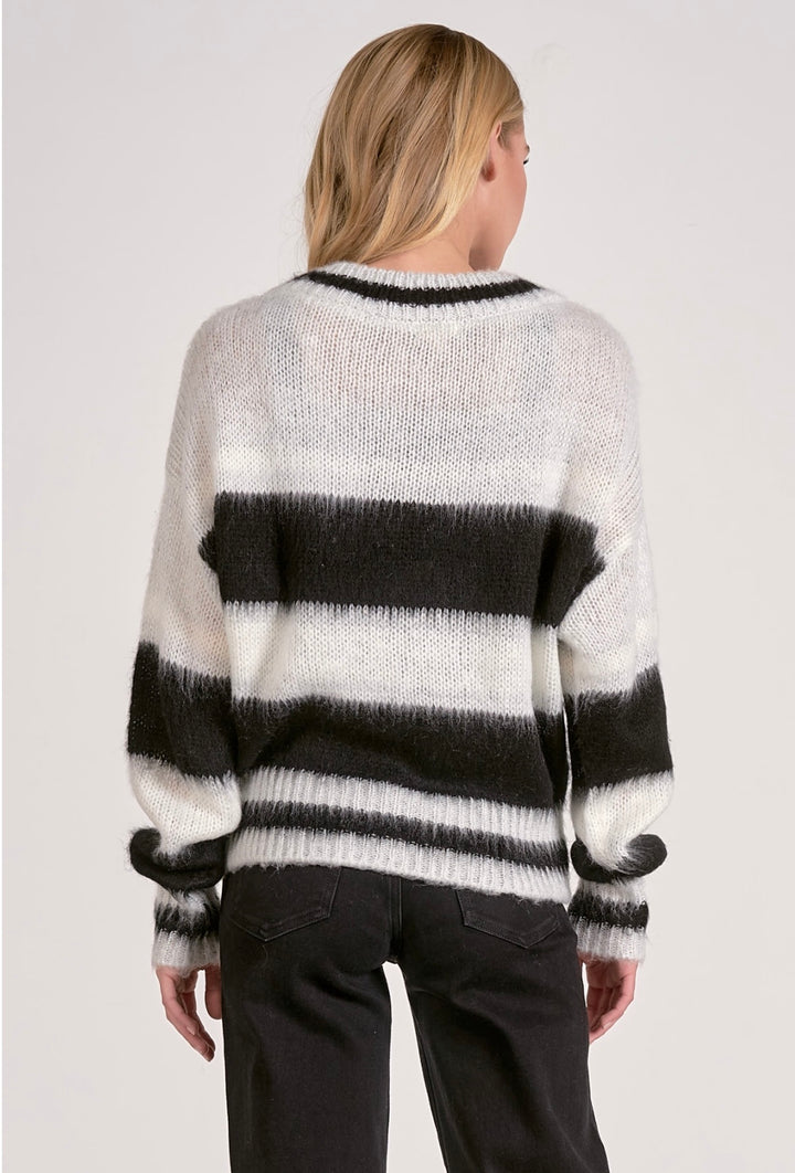 Elan Black & White Stripe Fuzzy Cardigan