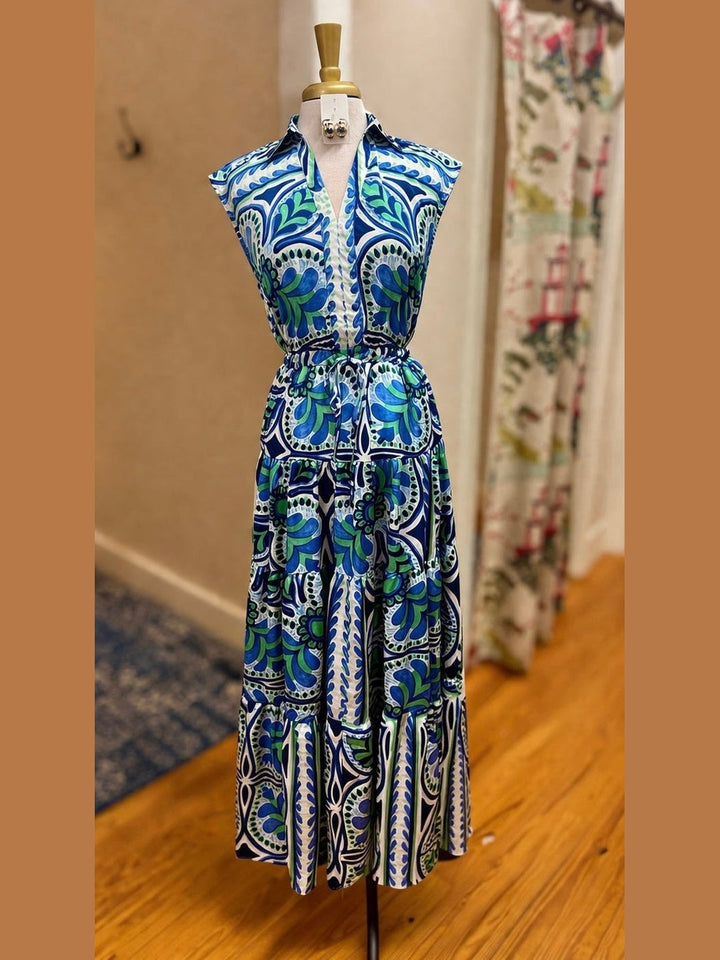 Deep Blue Floral Tiered Maxi Dress