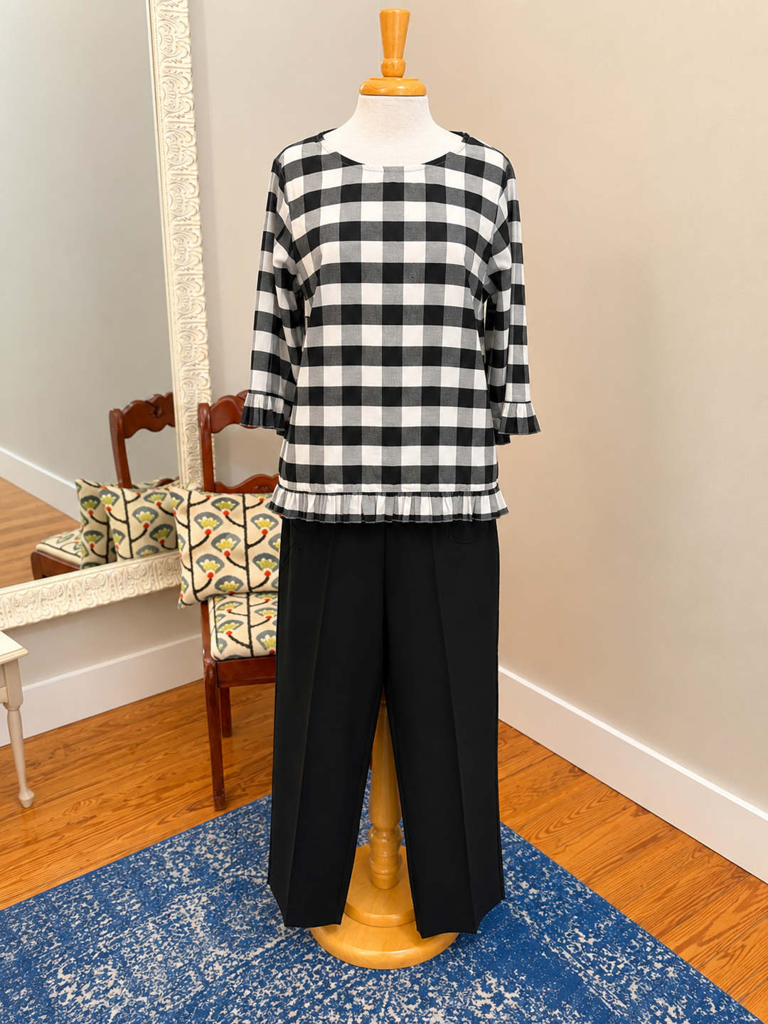 3/4 Sleeve Scoop Neck Ruffle High/Low Woven Top
