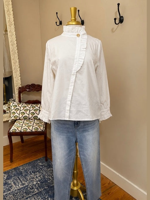 Ruffle Neck Detailed Blouse with Button