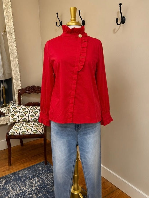 Ruffle Neck Detailed Blouse with Button