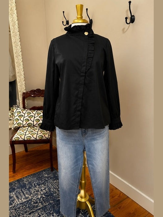 Ruffle Neck Detailed Blouse with Button